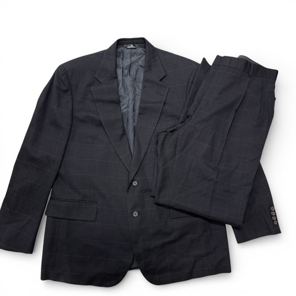 Polo University Club Ralph Lauren Men Blue Wool Windowpane 2 Piece Suit 44 36x32